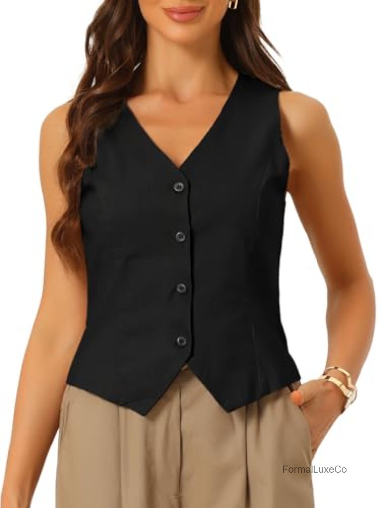 Cotton Linen Sleeveless Cropped Vest Waistcoat Button Down V Neck